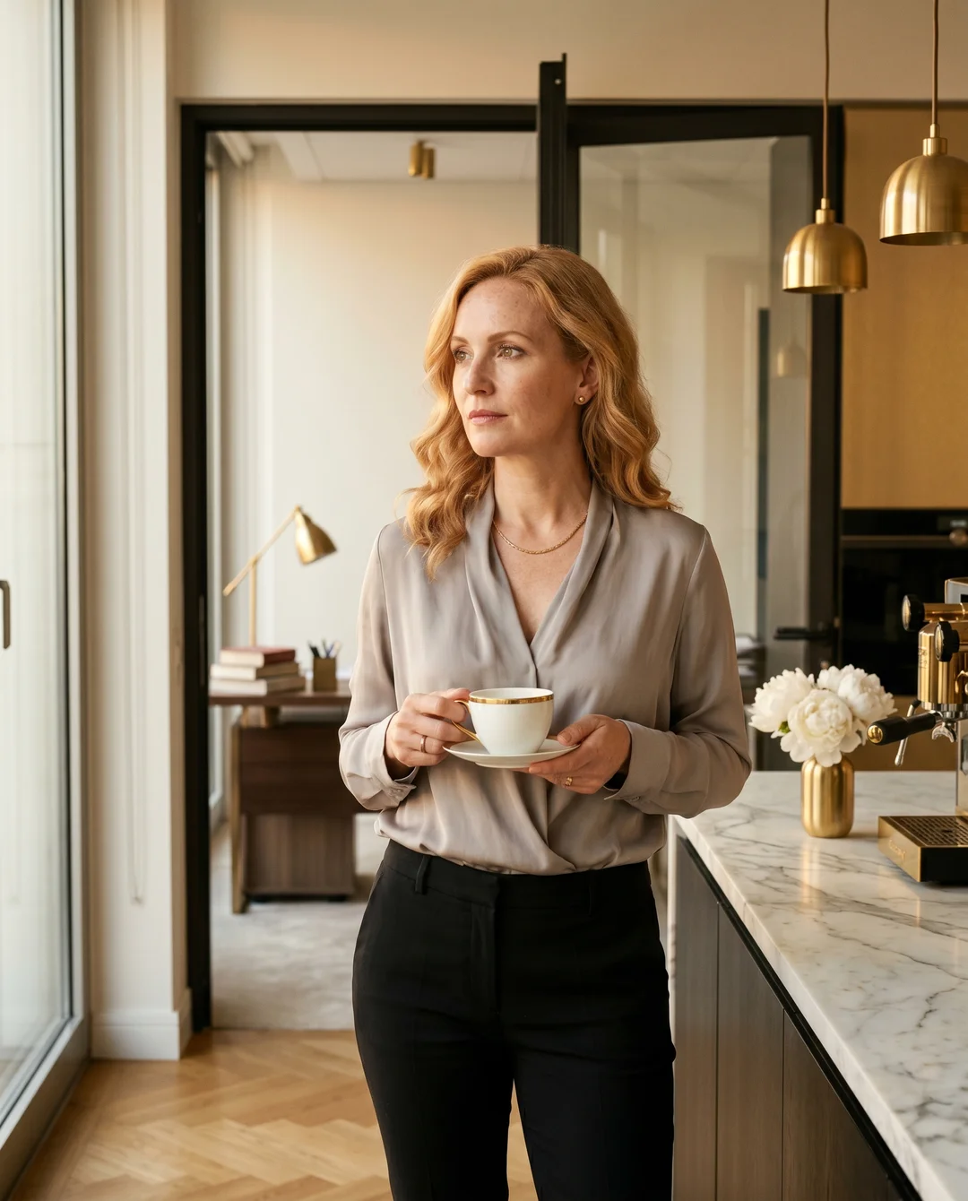 Eine andere Frau Mitte 40 mit erdbeerblonden Wellen, warmgrauer Bluse, Cappuccino in goldumrandeter Tasse in der Hand, steht in der Teeküche eines Fünf-Sterne-Büros und blickt durch eine offene Tür auf einen leeren Schreibtisch im Hintergrund bei sanfter Abendbeleuchtung — ein Monat nach Renates Abschied