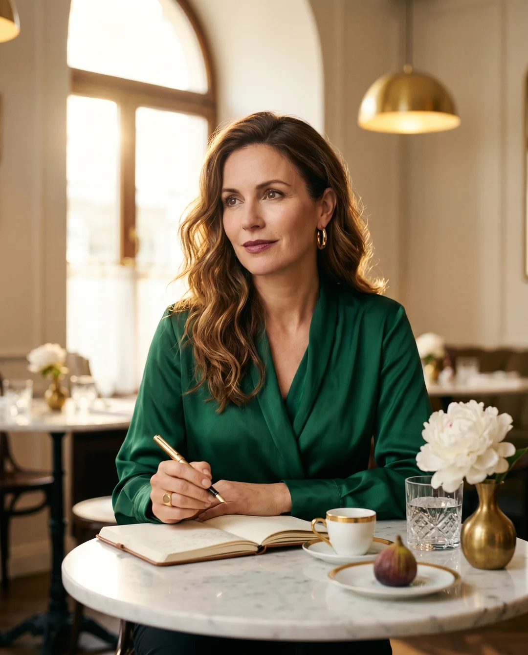 Dieselbe Frau in smaragdgrüner Seidenbluse an einem Mittwochnachmittag in einem europäischen Café, weißes Marmortischchen, Espresso in goldumrandeter Tasse, aufgeschlagenes Leder-Notizbuch, ein goldener Füllfederhalter in der Hand, Blick leicht in die Ferne, ruhige Lektüre ihres eigenen Tages