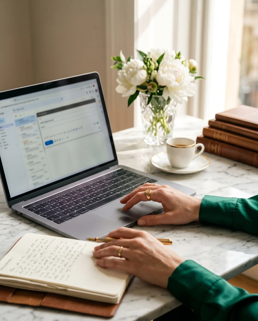 Nahaufnahme der Hände derselben Frau in smaragdgrüner Seidenbluse am Schreibtisch im Tageslicht, ein goldener Siegelring, die rechte Hand auf dem Trackpad eines silbernen Laptops, eine E-Mail-Oberfläche auf dem Bildschirm unscharf angedeutet, ein goldener Füllfederhalter daneben — der Moment des Mittwochs um 14:42