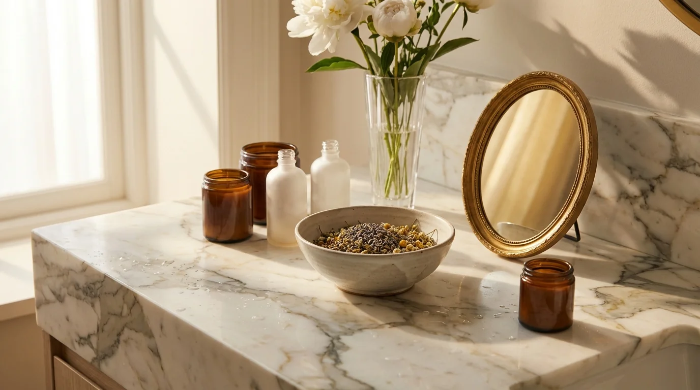 Eleganter Waschtisch mit hochwertigen Pflegeprodukten und frischen Blumen im warmen Licht