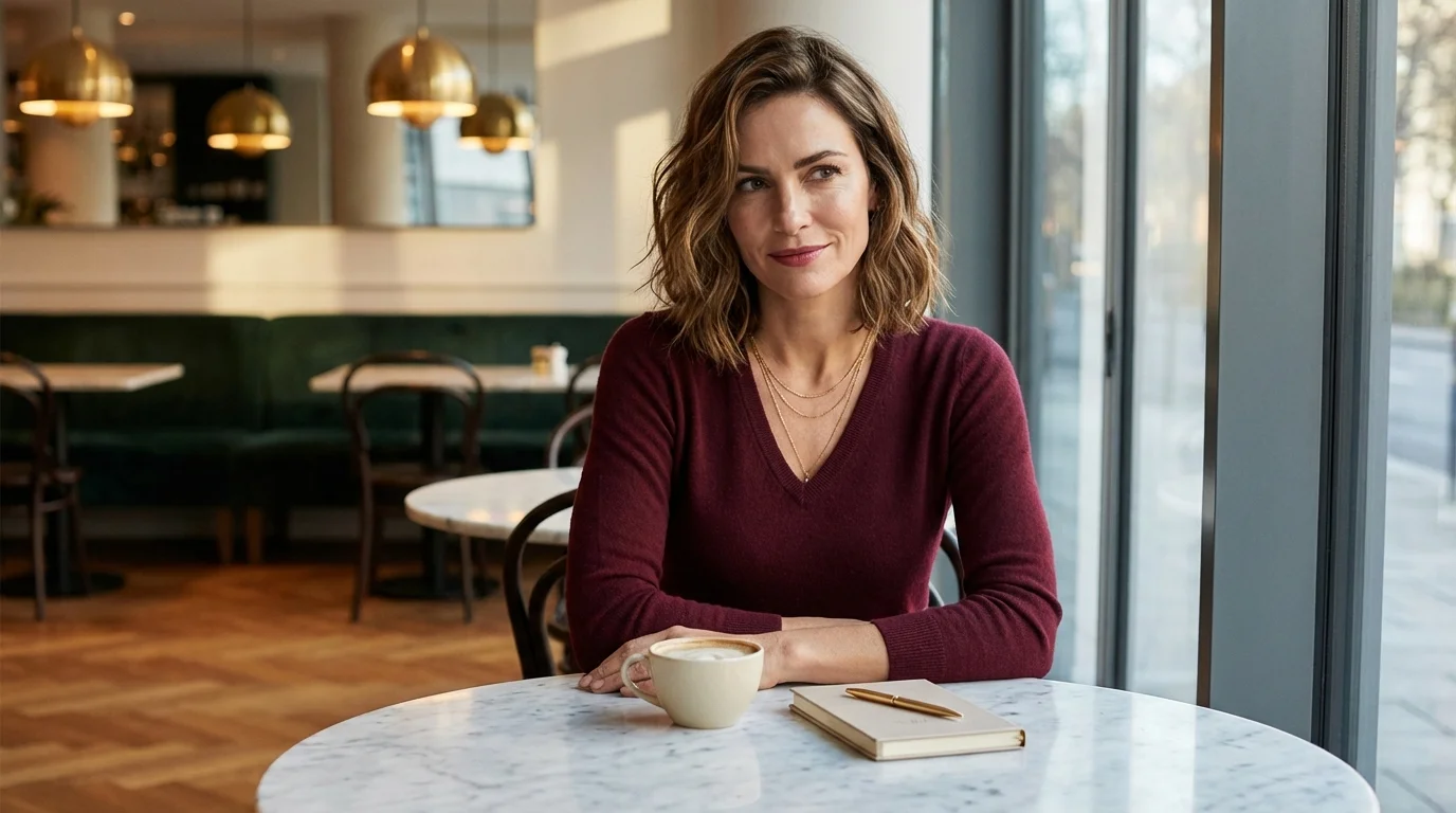 Dieselbe Frau im Wintercafé — kalter Tee, geschlossenes Notizbuch, ein ruhiges Lächeln des Verstehens
