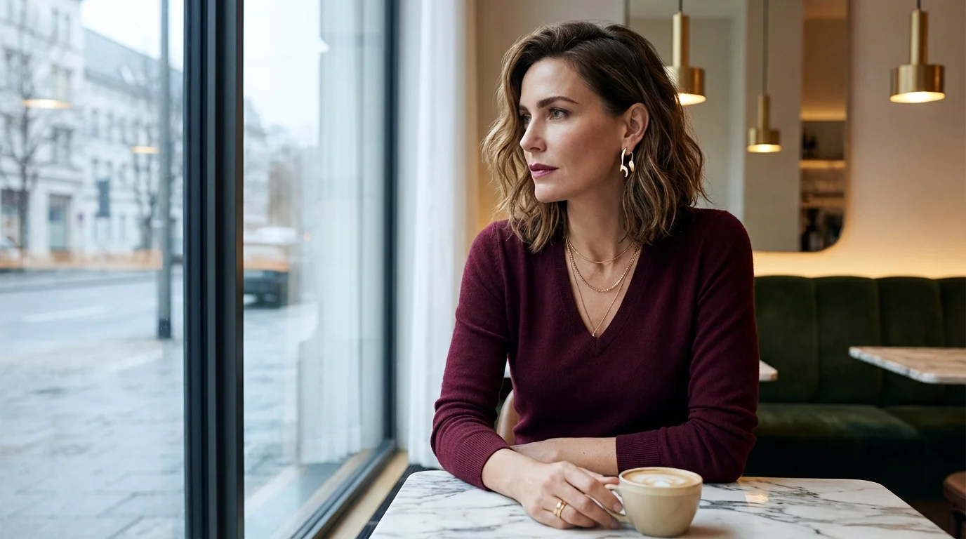 Frau Mitte 40 am Caféfenster — blasses Winterlicht auf ihrem Gesicht, nachdenklicher Blick nach draußen auf den grauen Februarhimmel