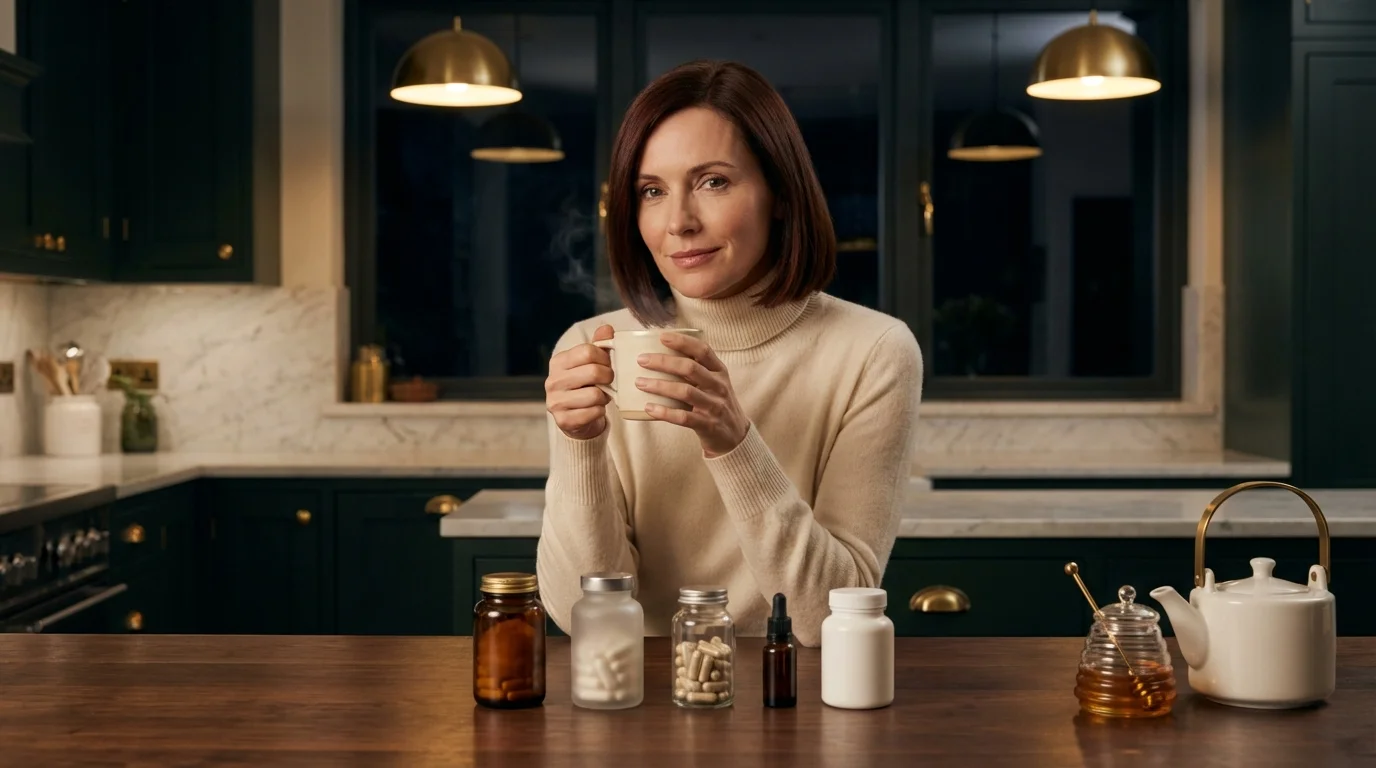 Dieselbe Frau am Küchentisch — fünf Supplement-Flaschen geordnet aufgereiht, warmer Tee, ruhiges Lächeln, kein Handy
