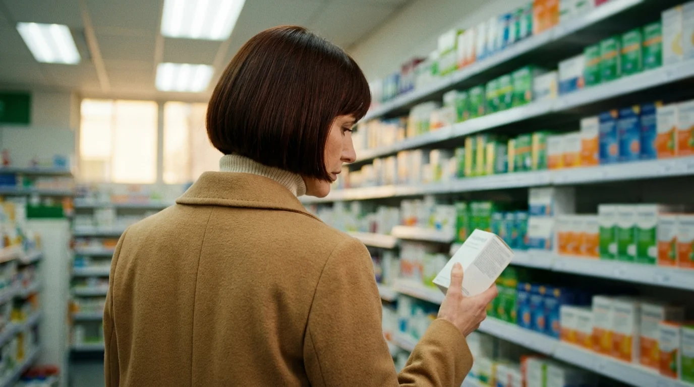 Frau in der Drogerie vor einem Regal voller Vitaminpackungen — siebenundvierzig Optionen, keine Orientierung