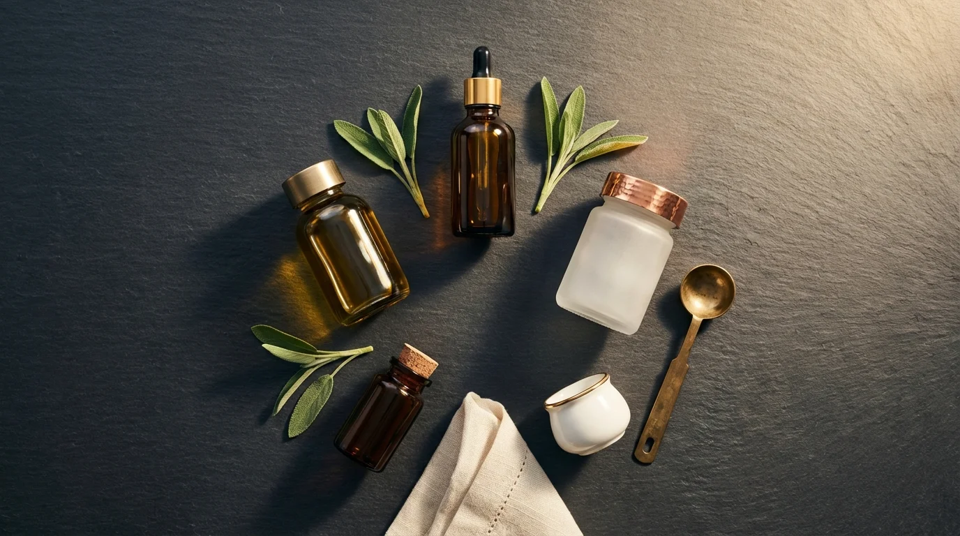 Flat Lay auf Schieferplatte — fünf kuratierte Supplement-Flaschen für D3, Omega-3, Magnesium, B12 und Zink mit Salbeiblättern