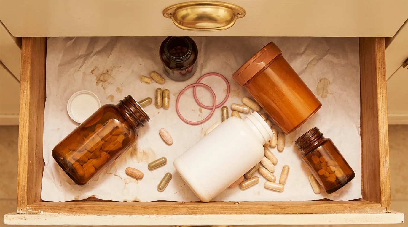 Offene Badezimmerschublade mit halb leeren Supplement-Flaschen — Magnesium, Vitamin D, Kurkuma, Multivitamin, alle aufgegeben