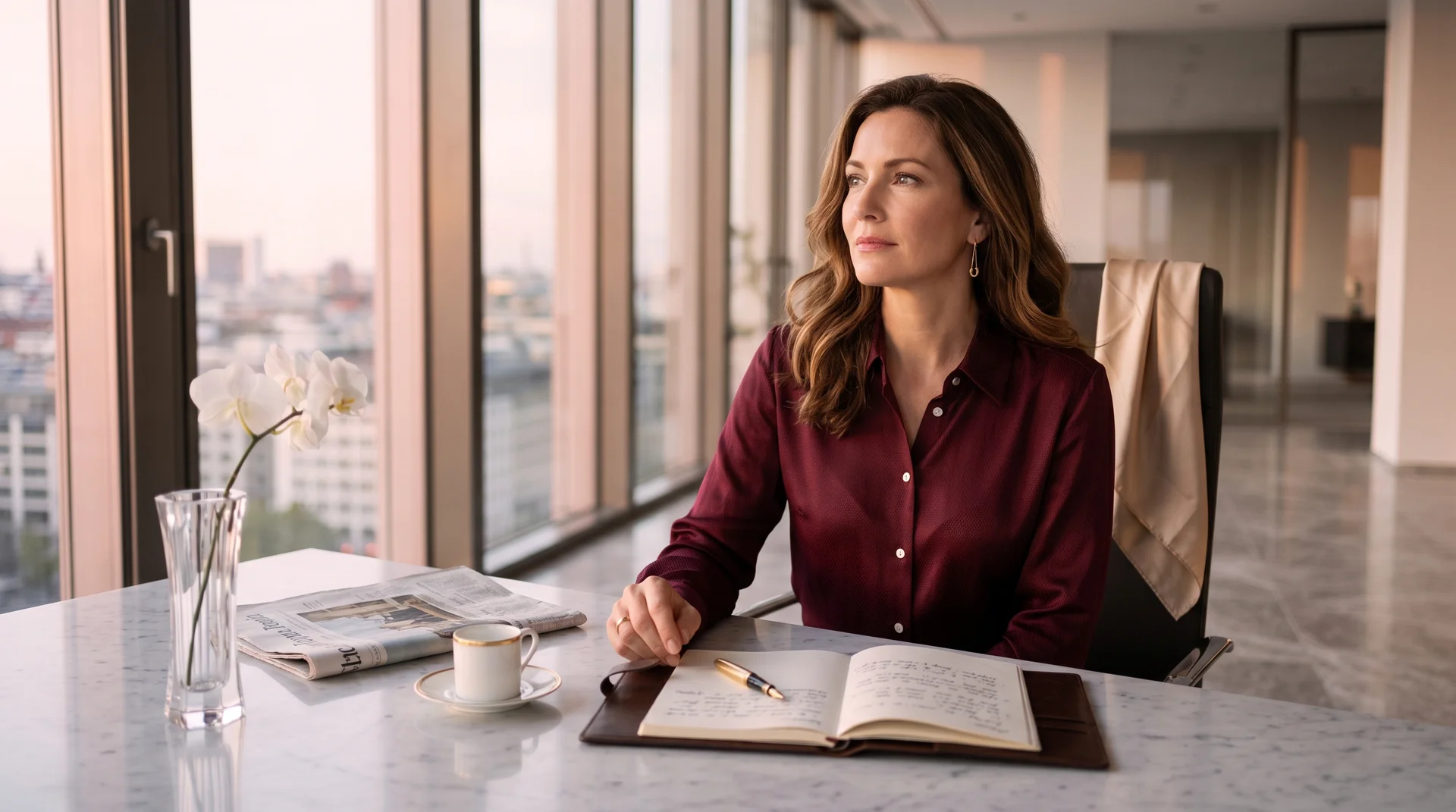 Frau in burgunderfarbener Seidenbluse am Marmorschreibtisch in einem Berliner Eckbüro