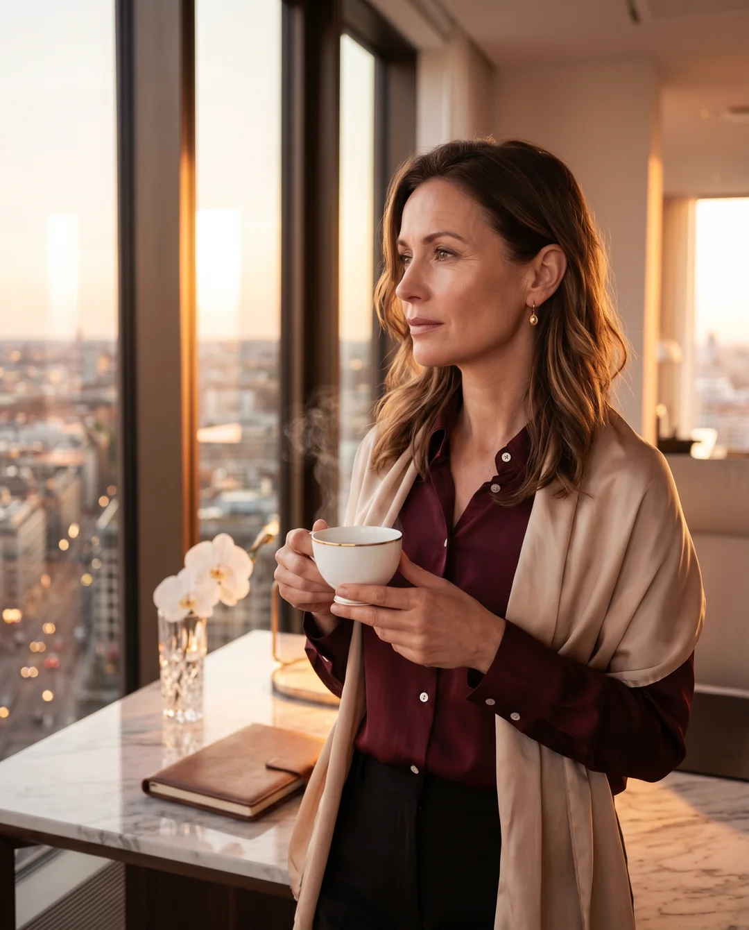 Dieselbe Frau, dasselbe Eckbüro, jetzt steht sie am Fenster mit einer Tasse Tee in beiden Händen, Blick in die Berliner Skyline, ruhige Gewissheit — der Moment, in dem die Frage sich verschoben hat