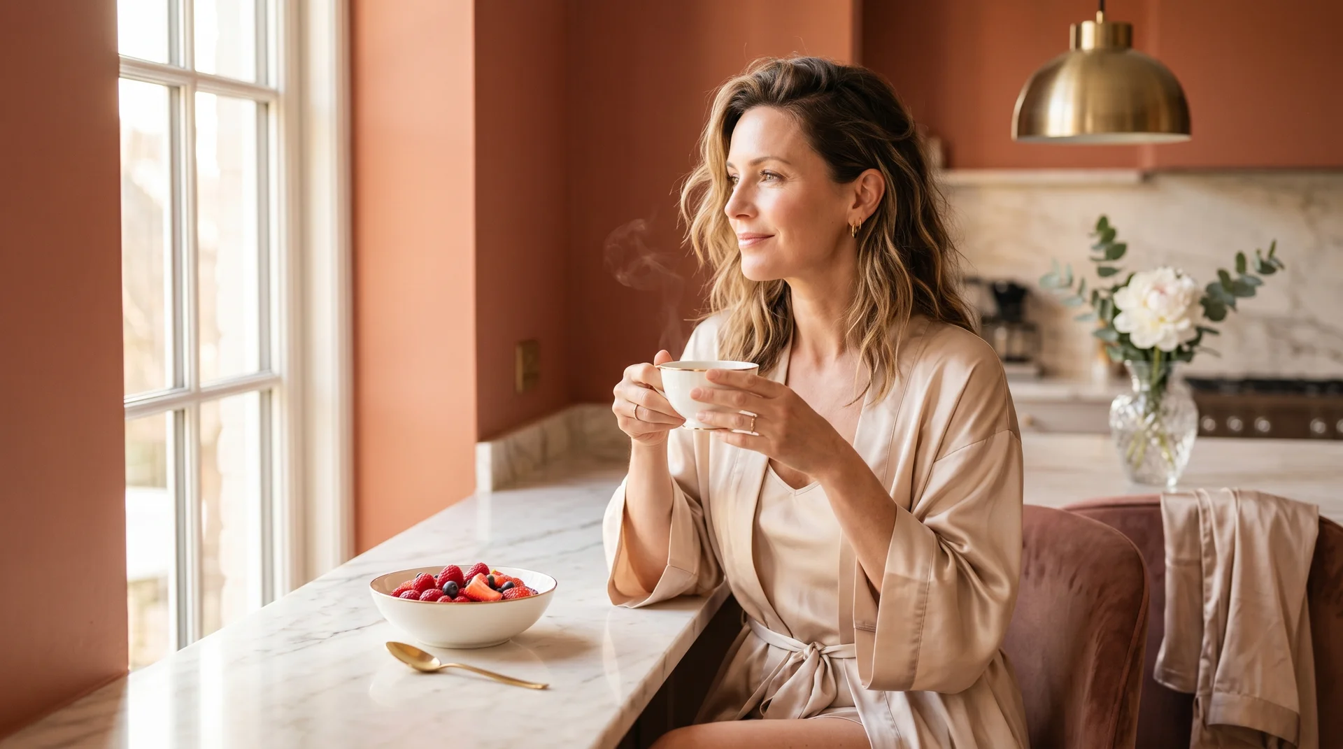 Dieselbe Frau am nächsten Morgen in ihrer eigenen Küche, champagnerfarbener Satinmantel, Schale mit frischen Beeren, Tasse grünen Tee in beiden Händen, Blick zum Fenster — der ruhige Moment nach der Entscheidung