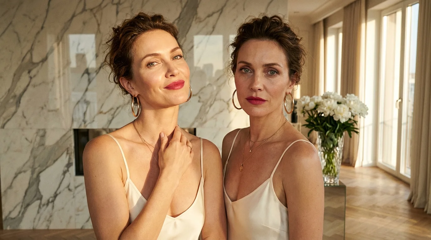 Zwei Schwestern Mitte vierzig, eineiige Zwillinge in identischen cremefarbenen Seidenkleidern, stehen Seite an Seite vor einer Calacatta-Marmor-Wand &mdash; gleiches Gesicht, gleiche Knochen, sichtbar unterschiedliche Geschichten