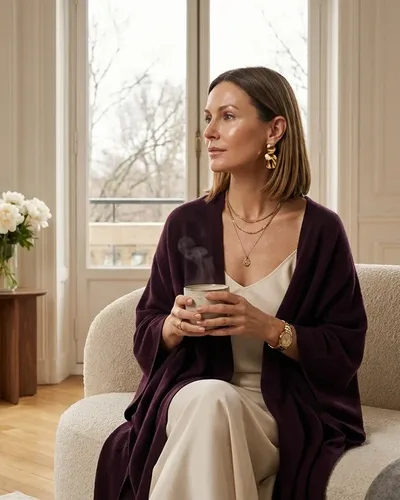 Frau Mitte 40 sitzt nachdenklich am Fenster mit Teetasse