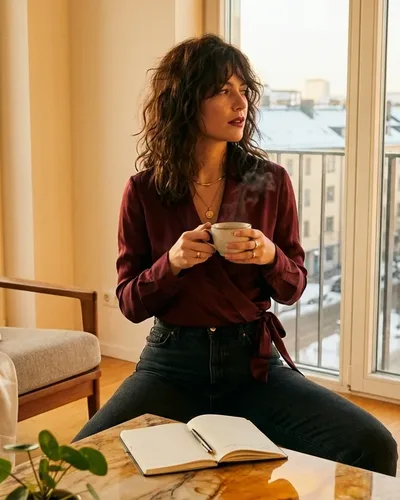 Frau Mitte 40 mit Tasse Tee am Fenster — Biochemie und Souveränität