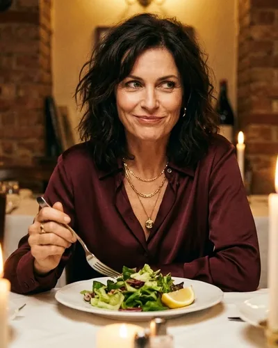 Frau im Restaurant mit Salat — Cortisol und Gewichtszunahme nach 40