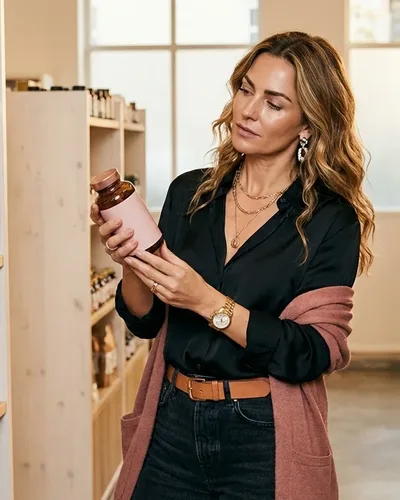Frau Mitte 40 im Reformhaus betrachtet eine Kollagen-Drink-Flasche