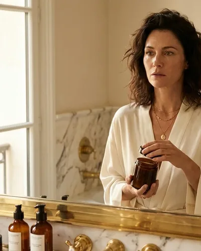 Frau Mitte 40 im Badezimmer vor dem Spiegel