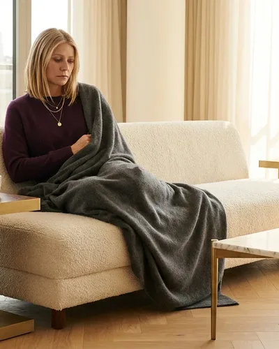 Frau Mitte 40 auf dem Sofa eingewickelt in eine Decke — Schilddrüse und Müdigkeit nach 40