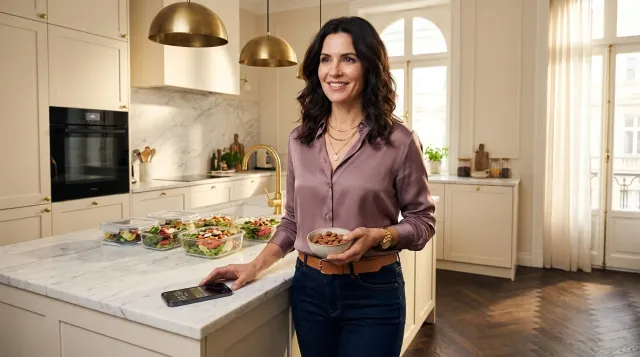 Frau in luxuriöser Küche mit Mandeln und Meal-Prep-Boxen