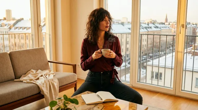 Frau Mitte 40 mit Tasse Tee am Fenster – Reflexion über Biochemie und Souveränität