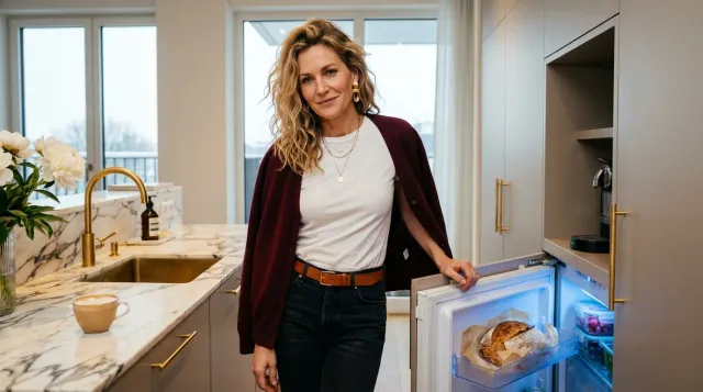 Frau Mitte 40 öffnet ihr Eisfach in einer luxuriösen Küche — der Beginn einer biochemischen Entdeckung