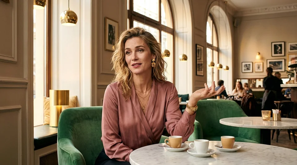 Frau Mitte 40 sitzt im Café mit drei Espressotassen — Müdigkeit in den Wechseljahren verstehen