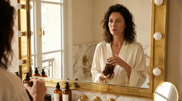 Frau Mitte 40 im Badezimmer vor dem Spiegel — Östrogenmangel erkennen