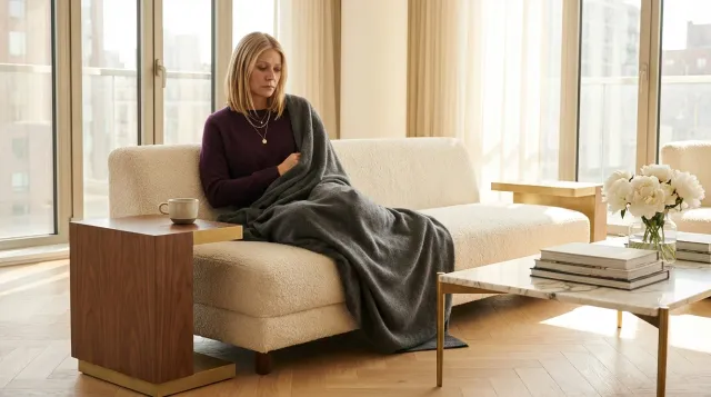 Frau Mitte 40 auf dem Sofa eingewickelt in eine Decke — Schilddrüse und Müdigkeit nach 40