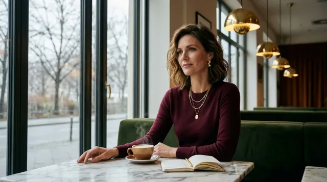 Frau Mitte 40 im Wintercafé — nachdenklicher Blick auf den grauen Februarhimmel