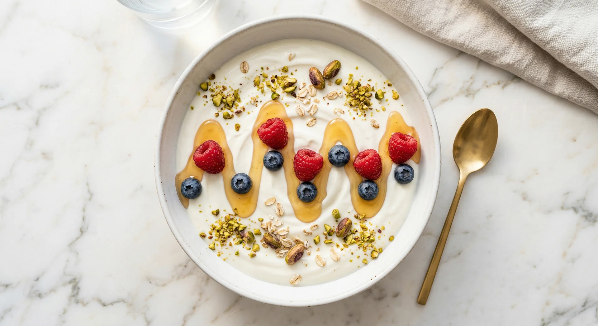 Blutzucker-Achterbahn Metapher, Joghurt-Bowl mit Honigwelle und Beeren