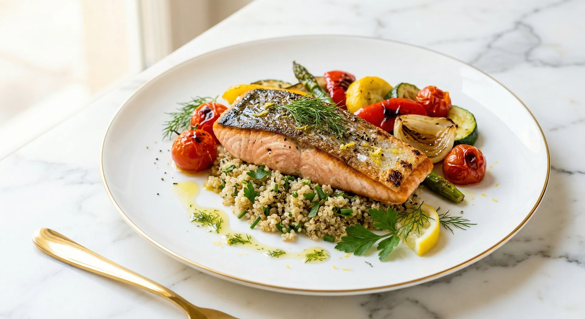 Gegrillter Lachs mit Gem&uuml;se auf wei&szlig;em Porzellan, Marmor-Oberfl&auml;che