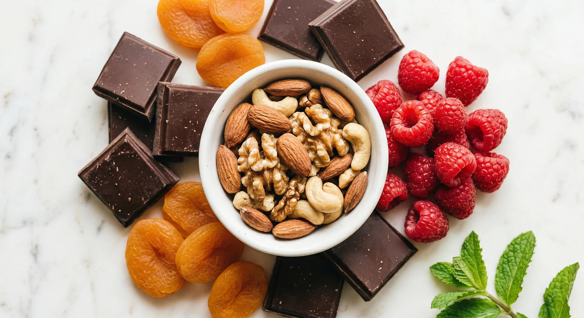 Gesunder Snack: N&uuml;sse, dunkle Schokolade und Himbeeren auf Marmor