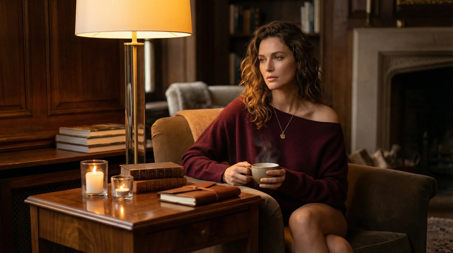 Frau genie&szlig;t abendliche Ruhe mit Tee und Kerzenlicht im luxuri&ouml;sen Wohnzimmer