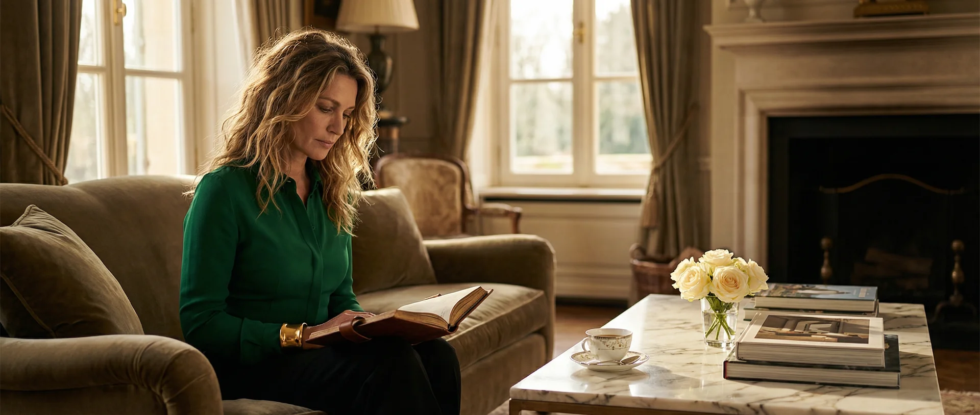 Frau reflektiert nachdenklich im luxuri&ouml;sen Wohnzimmer mit Journal auf dem Scho&szlig;