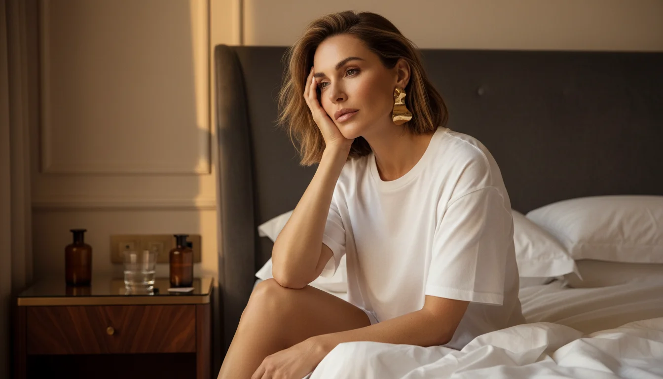 Frau sitzt am Morgen auf dem Bett — ehrliche Verletzlichkeit vor dem Aufstehen