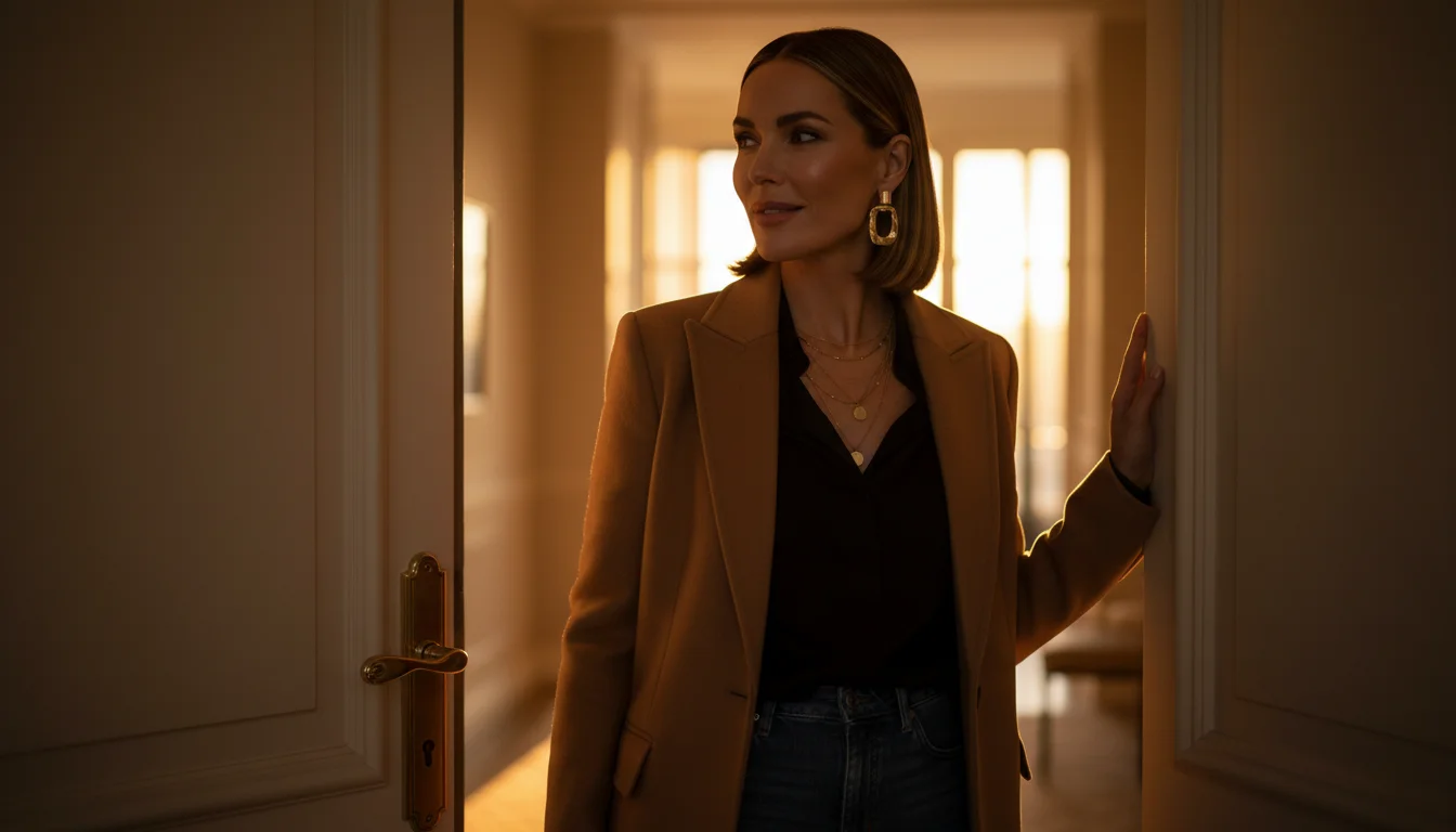 Frau steht in der T&uuml;r im goldenen Gegenlicht — St&auml;rke nach schwierigen Tagen