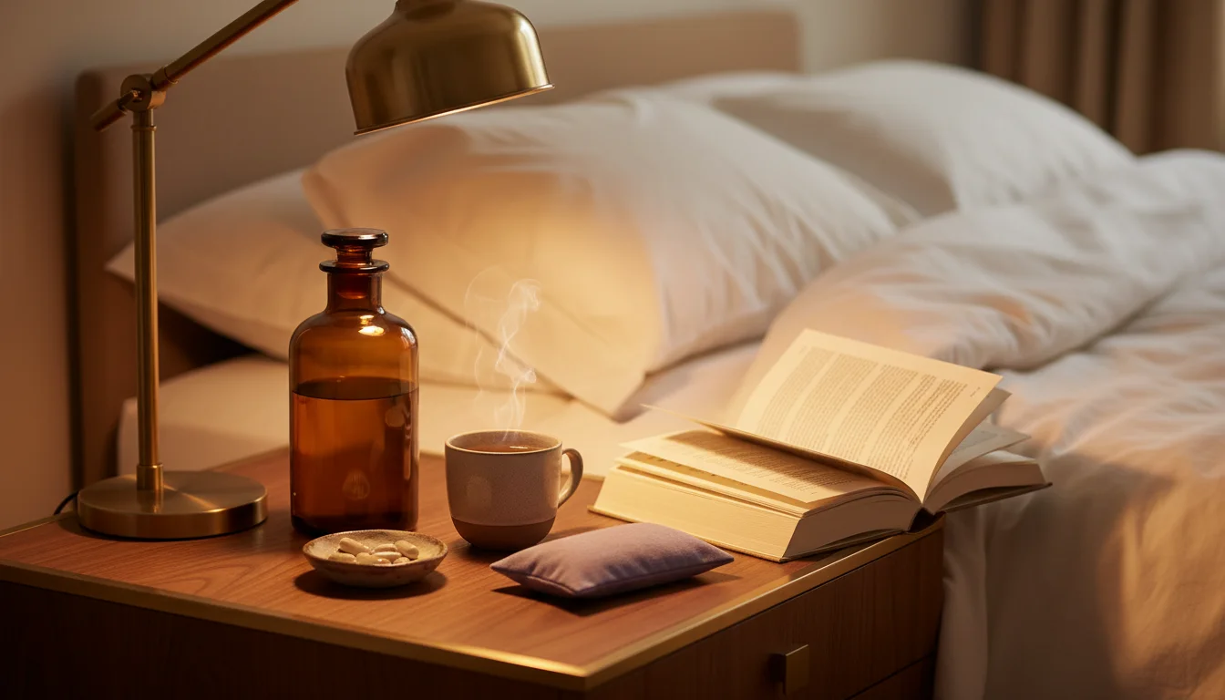 Elegante Abendszene am Nachttisch — Magnesium-Ritual vor dem Schlaf