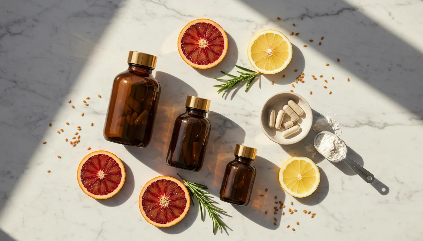 Vier Premium-Supplements in Amber-Gl&auml;sern — strategische N&auml;hrstoffe f&uuml;r das Protokoll