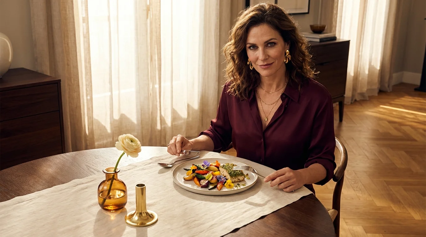 Frau genie&szlig;t bewusst ihre erste Mahlzeit am elegant gedeckten Tisch