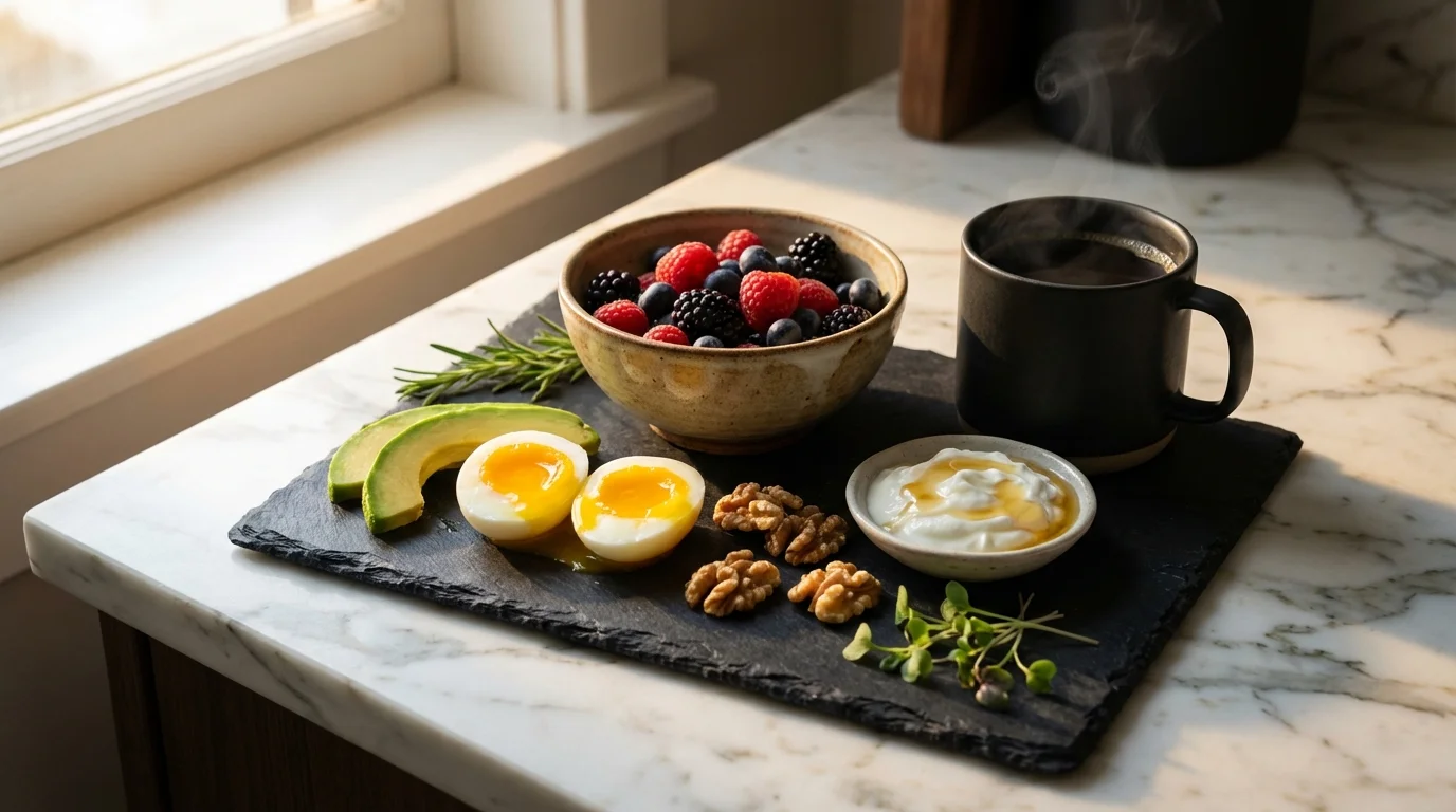 Elegantes Fastenbrechen mit Eiern, Avocado, Beeren, N&uuml;ssen und Joghurt