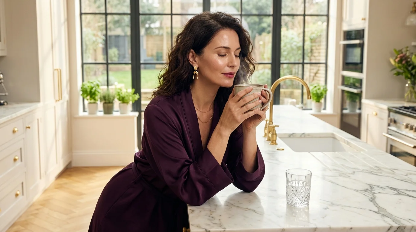 Frau in luxuri&ouml;ser K&uuml;che am Morgen, genie&szlig;t eine Tasse Tee in Seidenrobe