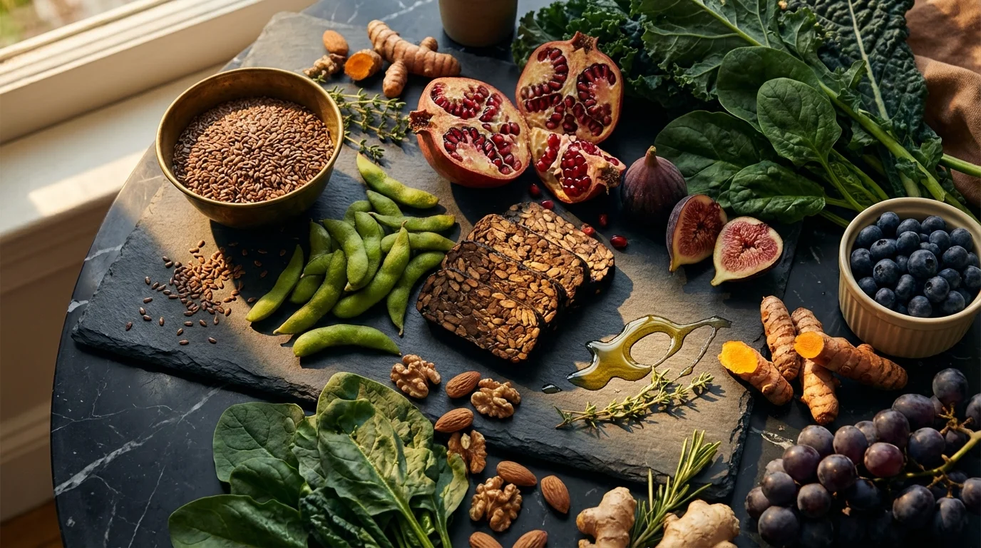 Kunstvolle Komposition mit phyto&ouml;strogenreichen Lebensmitteln auf dunklem Marmor