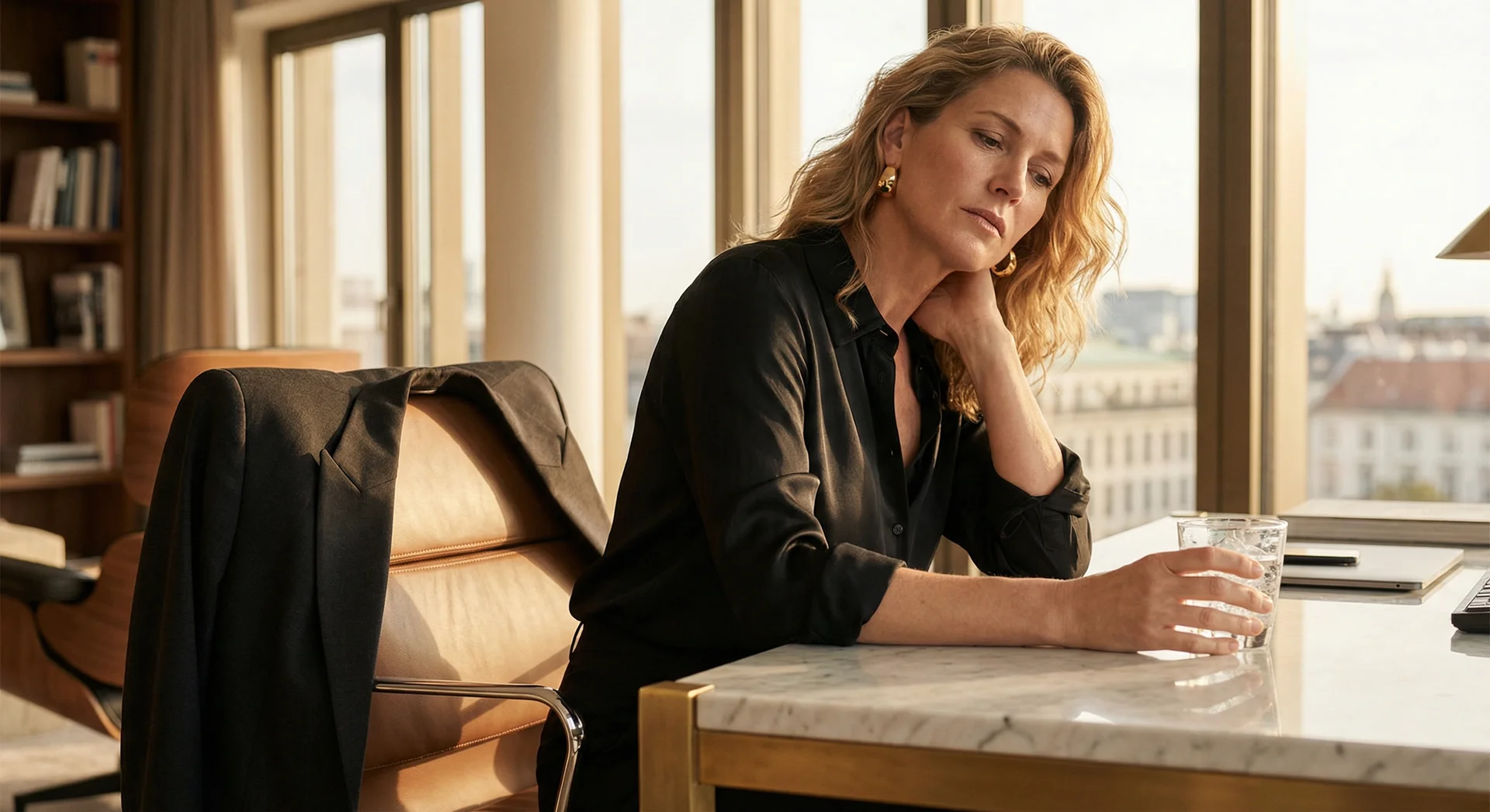 Frau Mitte 40 im B&uuml;ro mit Glas Eiswasser