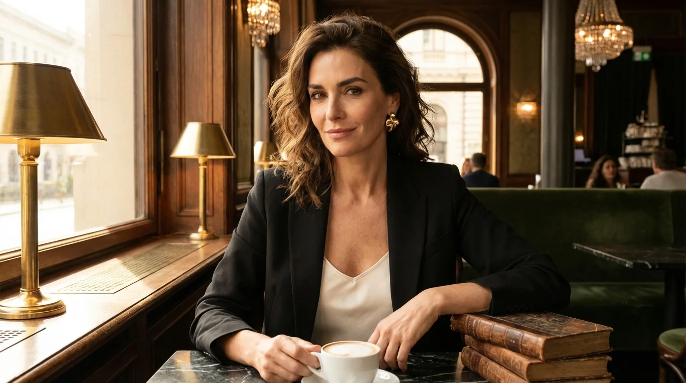 Selbstbewusste Frau genie&szlig;t Kaffee in elegantem europ&auml;ischen Caf&eacute;