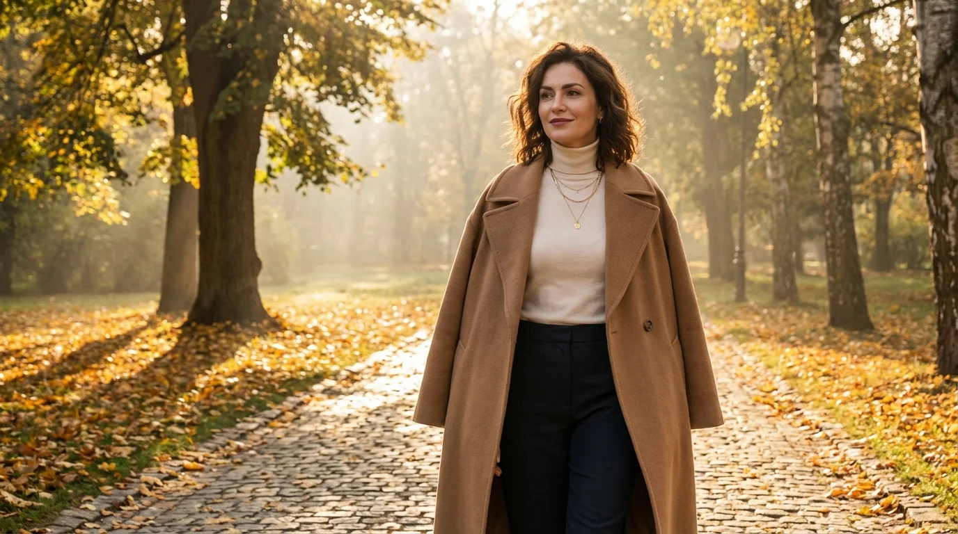 Elegante Frau spaziert durch herbstlichen Park mit goldenen Bl&auml;ttern