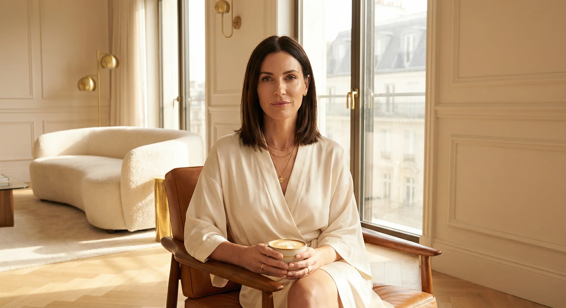 Strahlende Frau Mitte 40 im Sessel mit Kaffee