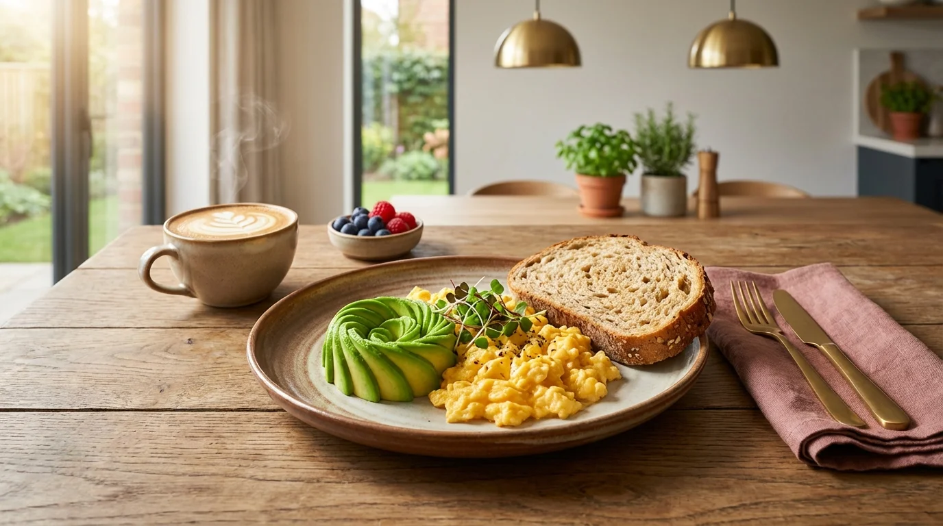 Perfektes Fr&uuml;hst&uuml;ck mit Eiern und Avocado, Bright Editorial
