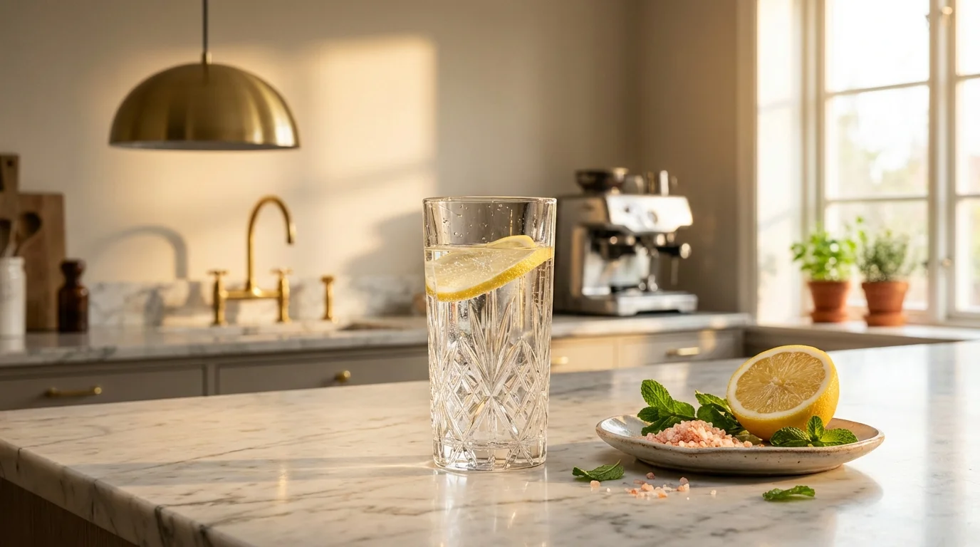 Glas Wasser mit Zitrone im Morgenlicht