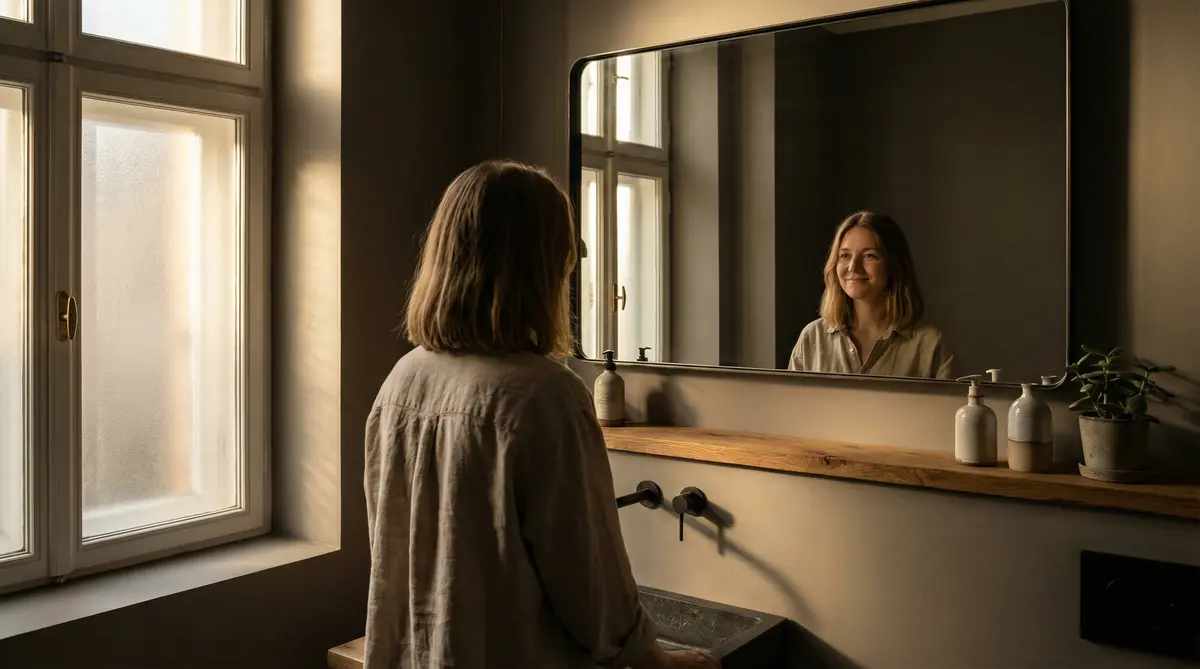 Frau blickt zufrieden in den Spiegel — 14 Tage geschafft