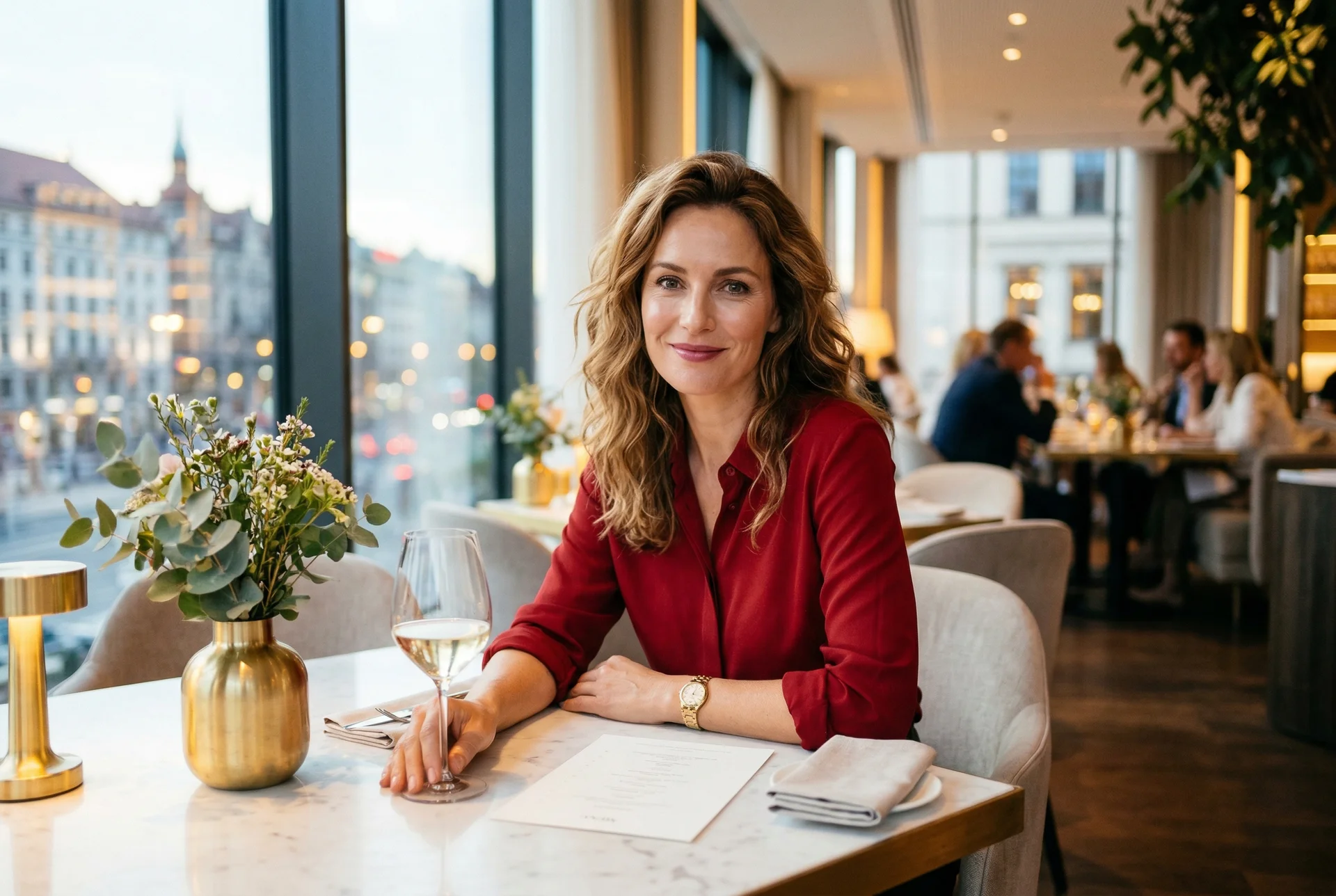 Elegante Frau Mitte 40 selbstbewusst im Restaurant sitzend, warmes Licht, magnetisches Lächeln