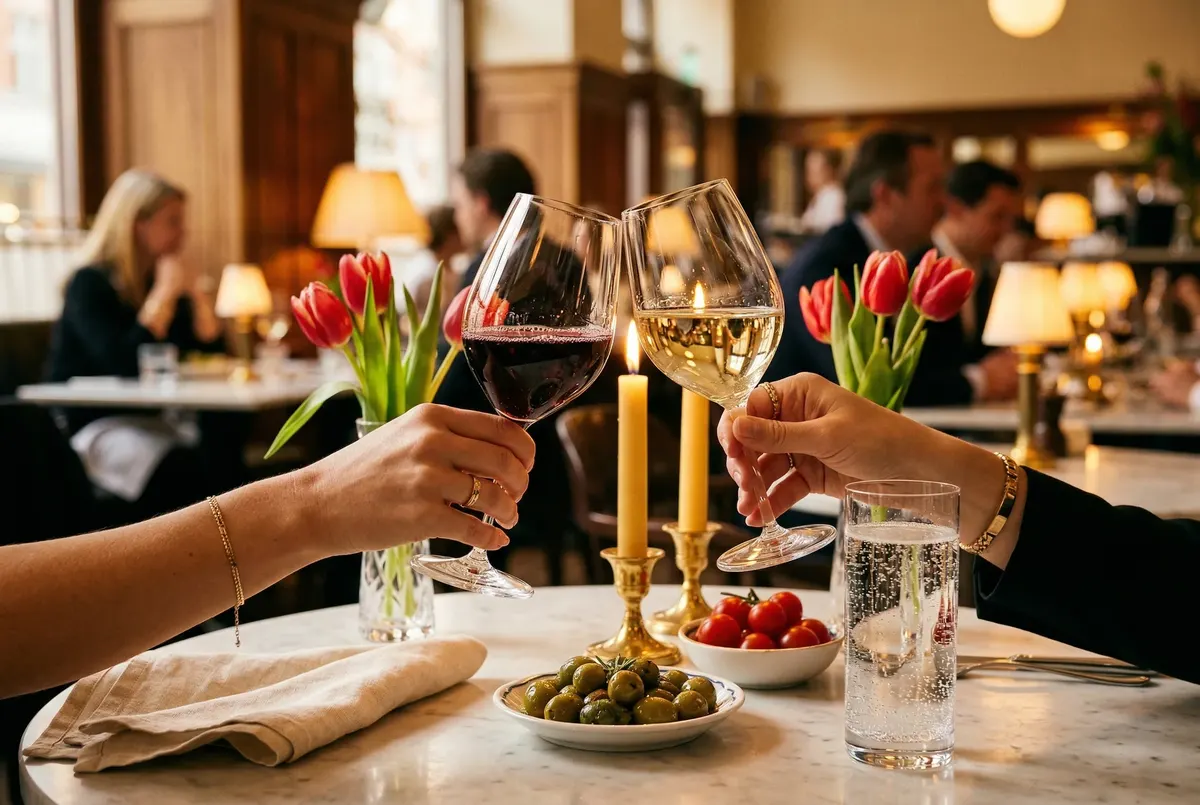 Zwei Weingläser beim Anstoßen neben einem Glas Wasser, Kerzenlicht, eleganter Tisch