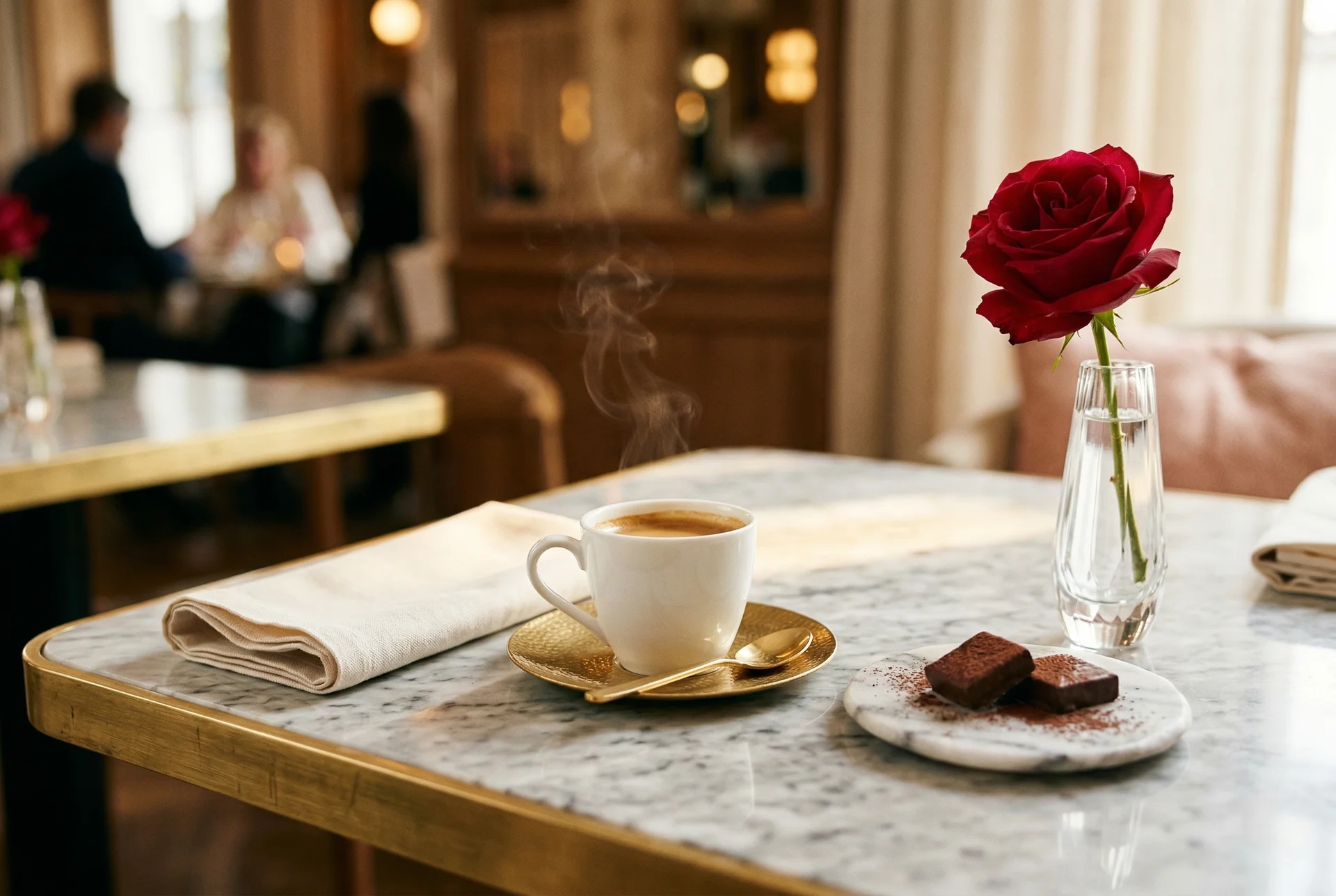 Espresso mit dunkler Schokolade auf Marmortisch, rote Rose, warmes Licht